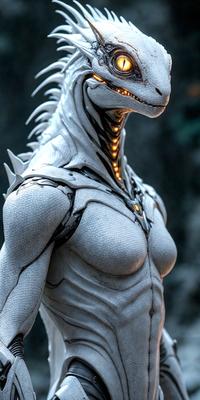 The primary subject of the image is a white, robotic-looking creature with a long neck and a mouth full of teeth. The creature appears to be a futuristic, mechanical being. The setting is a dark, rocky environment, with the robotic creature standing in the foreground. The visual style is a combination of photo and digital art, creating a unique and intriguing image. The dominant colors are black, white, and grey, giving the scene a moody and mysterious atmosphere.